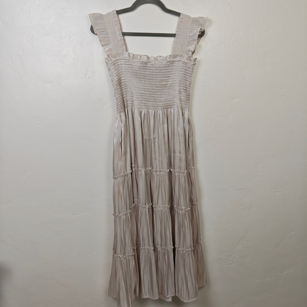 Kourt Womens Dress Large Champagne Smocked Tiered Ruffle Shimmer Cottagecore - Picture 2 of 9